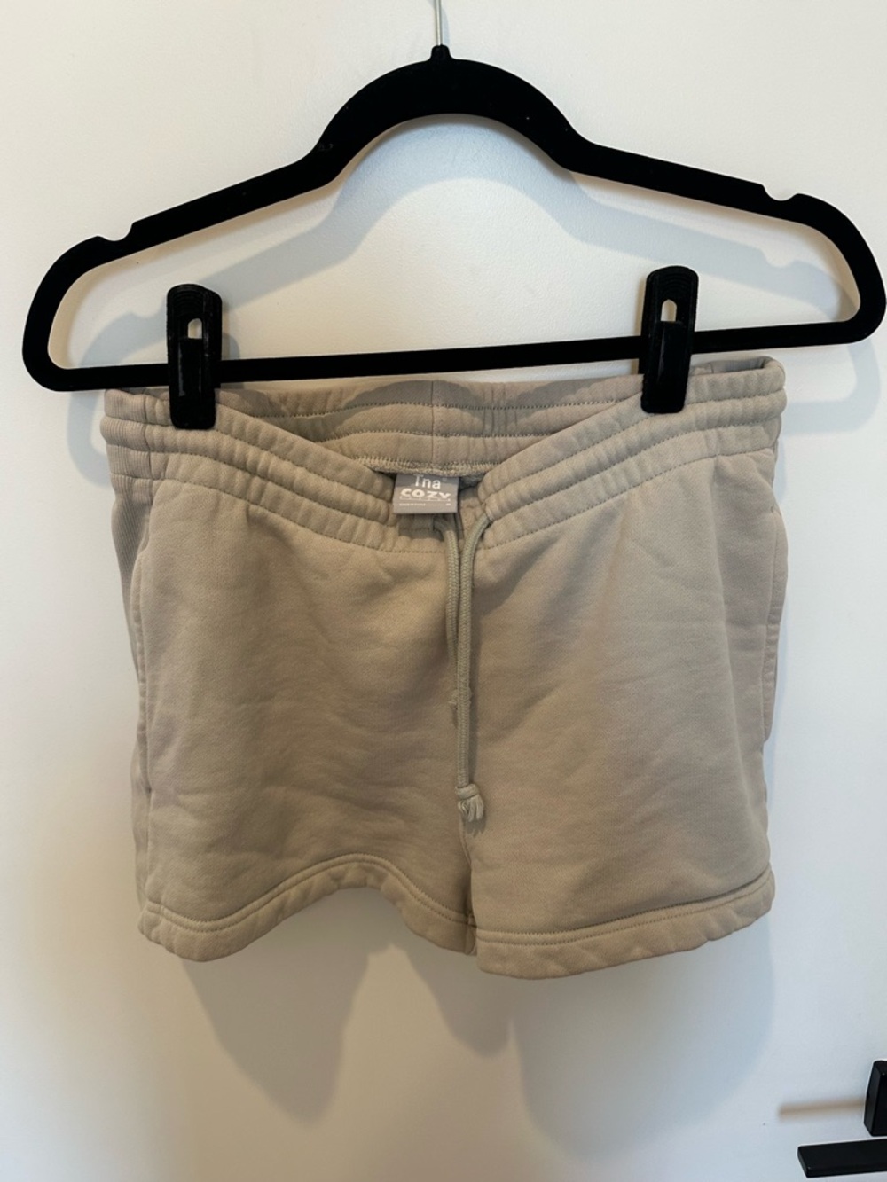 TNA Aritzia Cozy Fleece Drawstring Shorts in Light Taupe